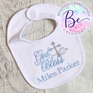 Personalized Embroidered Baptism Bib – Baby Blue and Silver – Plain Edge – 100% Cotton & Chenille – Custom Name