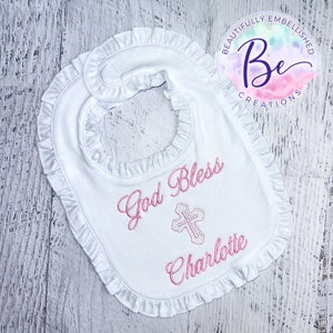 Pink Personalized Embroidered Baby Bib – God Bless with Name & Cross | Baptism Gift | Christening Bib