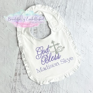 Personalized Embroidered Baptism Bib – Lavender – Ruffle Edge – 100% Cotton – Custom Name