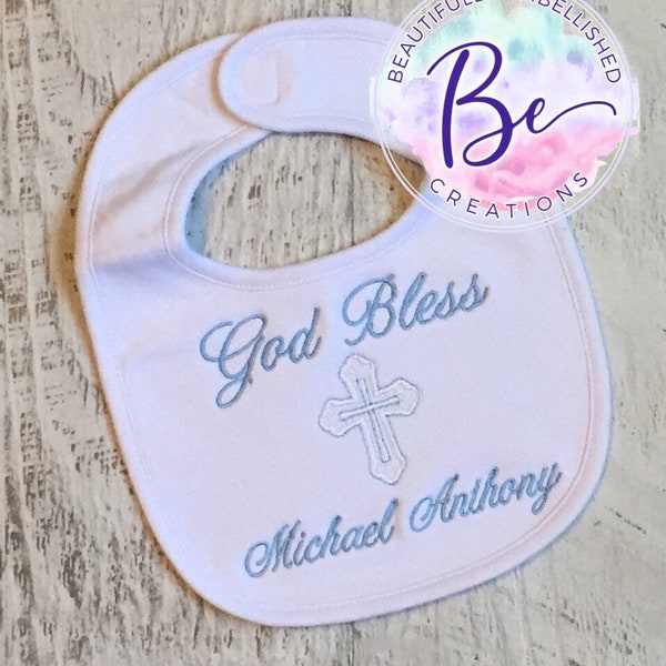 BABY BLUE Personalized Baptism bib, custom Christening bib - Embroidered Baptism Bib - Patterned Cross