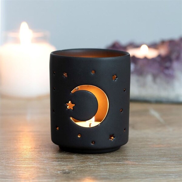 Moon and Star Cut Out Tealight Holder, Small, Black, Gifts for Witches, Altar Decor, Galentine's Gift Ideas