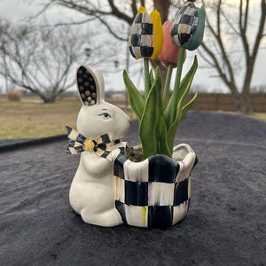 Ceramic Bunny Planter with Tulips – Whimsical Black and White Checks checker Hand Painted