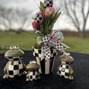 Spring Arrangement in Hand Painted Black and White Checked Planter/Pot Whimsical Topiary Flowers  checks tulips. Mother’s Day bouquet!