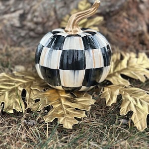 Whimsical Resin Pumpkin Hand Painted by Whimsical Checks Black and White Checked checkered Halloween Fall Decor
