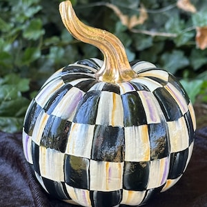 Whimsical Resin Pumpkin Hand Painted by Whimsical Checks Black and White Checked checkered Halloween Fall Decor
