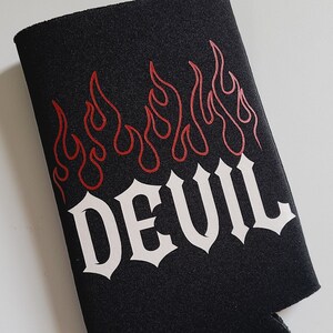 Devil flames can sleeve, can holder, insulated drink, insulated drinkware, stocking stuffers, funny can sleeve, beer can sleeve, puff print