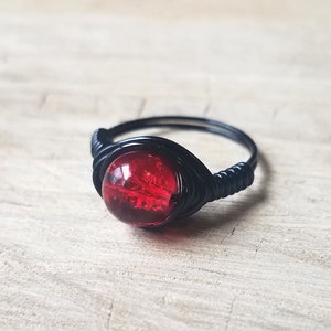 Bright Red Lampwork Glass Black Wire Wrapped Ring, Bohemian, E Girl, E Boy, Emo, Scene, Gothic Ring, Vampire Ring, Witchy Ring, Yoga Ring
