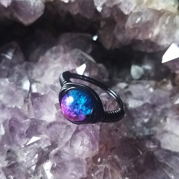 Blue Purple Pink Lampwork Glass Black Wire Wrapped Ring, Bohemian, Gypsy, E Girl, Boho, Bisexual Pride Ring, Yoga Ring