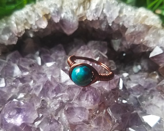 US size 6 12 ring healing stone gift for her elegant chrysocolla jewelry copper chrysocolla ring /'messenger/' wire wrapped copper ring