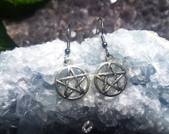 Pendientes de pentagrama, tono plateado, pentáculo, joyería wiccana, pendientes de bruja, brujería, pagano, gótico