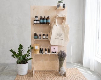 Freestanding Pegboard Display Stand, Tall Birch Plywood Retail Fixture for Craft Shows & Markets
