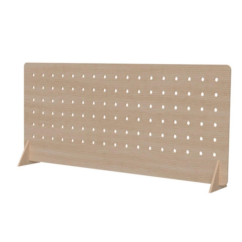 A light wood pegboard display stand, shown from a slight angle, with rounded top corners and two flat support feet.