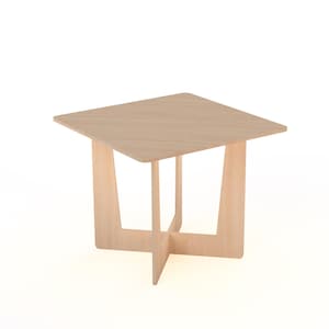 May include: A light wood square coffee table with a unique, geometric, cross-shaped base.
