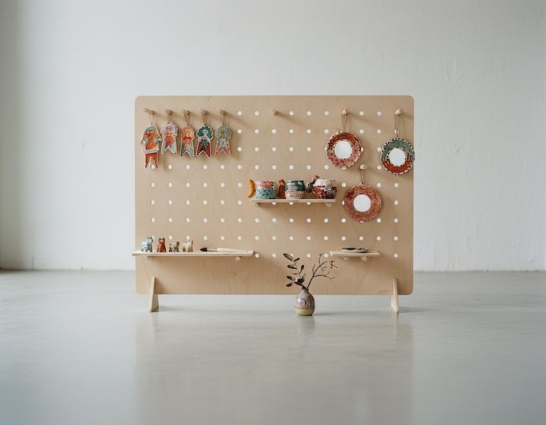 Tabletop Pegboard Display Stand, Wood Counter Organizer for Craft Fairs, Markets, Retail Booths shown in an AI-generated listing photo