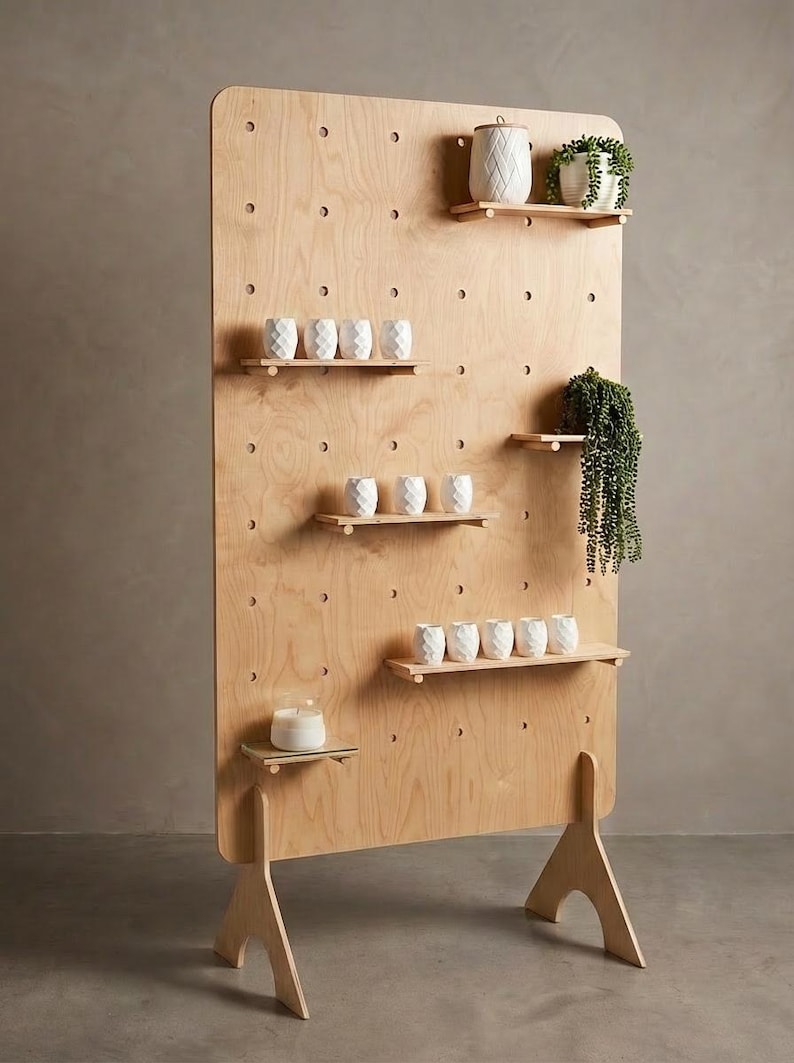 K&ouml;nnte beinhalten: Ein Holz-Ausstellungsst&auml;nder mit mehreren kleinen Regalen. Der St&auml;nder hat ein Lochwand-Design und enth&auml;lt dekorative Gegenst&auml;nde, darunter kleine wei&szlig;e Tassen mit geometrischem Muster, Topfpflanzen und eine Kerze.
