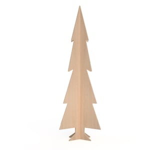May include: A wooden Christmas tree cutout, standing upright on a white background. The tree is made of light brown wood and has a simple, classic design.
