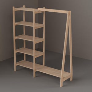 May include: A wooden shelf unit with four shelves and a clothes rack attached. The unit is made of light brown wood and has a simple, modern design.