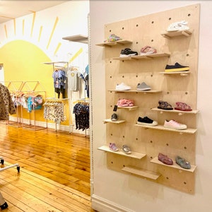 Modern Wooden Pegboard Wall Modular Floating Shelves for Playroom Gym or Retail Display  Multiple Heights and Widths
