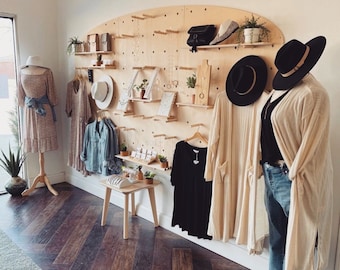 Wooden Pegboard Display with Arched Top for Merchandising and Retail Displays with Adjustable Shelves