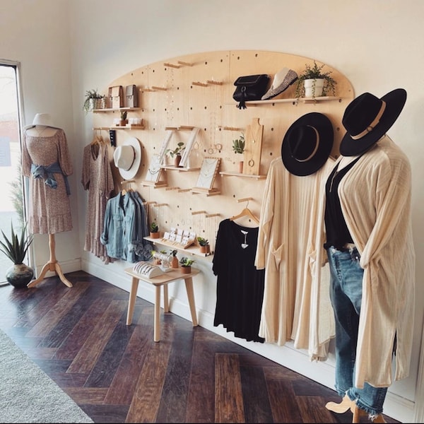 Wooden Pegboard Display with Arched Top for Merchandising and Retail Displays with Adjustable Shelves