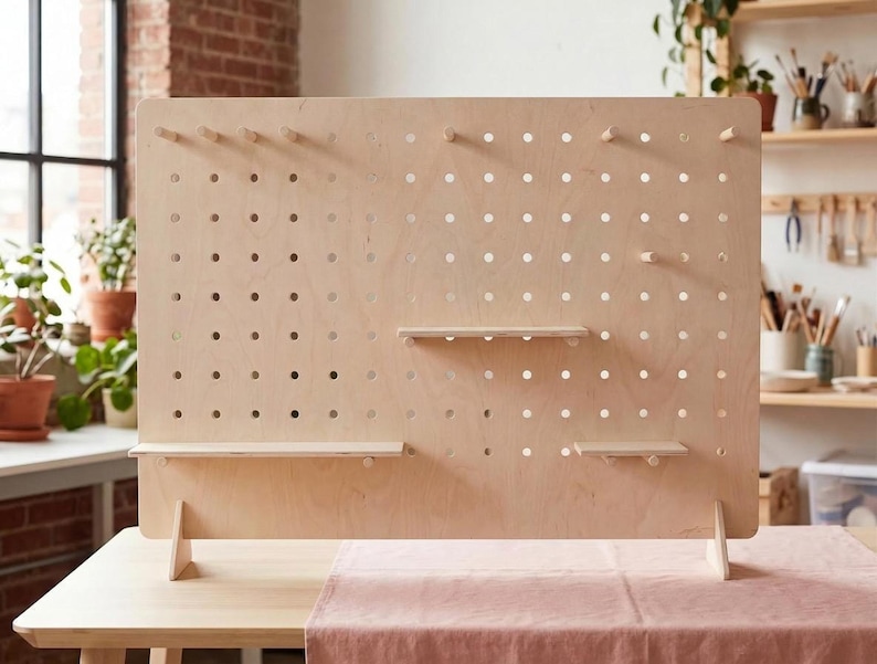 A large, light wood pegboard display stand with two shelves and several pegs, set on a table with a pink cloth in a bright room.