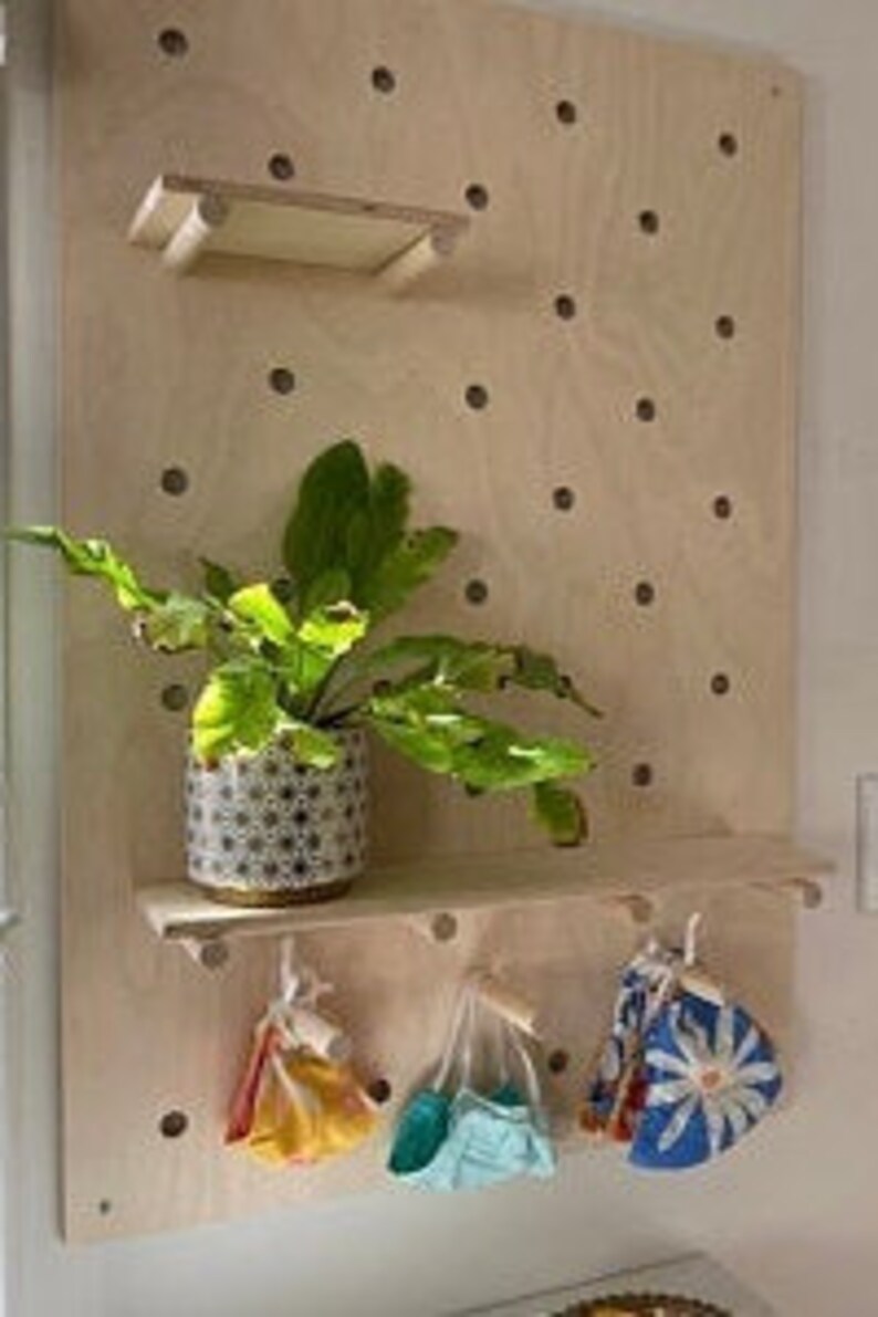 Puede incluir: Un organizador de pared tipo tablero perforado de madera clara con una cuadr&iacute;cula de agujeros circulares. Incluye un estante rectangular peque&ntilde;o en la parte superior izquierda y un estante m&aacute;s grande debajo con una planta verde en maceta.