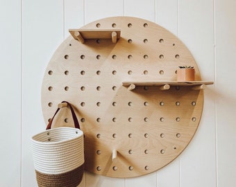 Round Wooden Pegboard Wall Display | Modern Birch Plywood Hanging Shelf Organizer for Home Decor