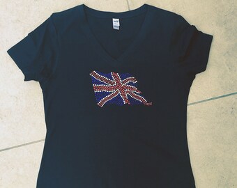 Union Jack UK Flag T-Shirt For Girls – Rhinestone Embellished, Multicolored