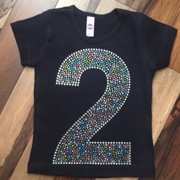 Rhinestone 2nd Birthday a 10 Inch Number Two in Rhinestones on Short Sleeve T-Shirt