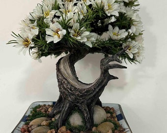 Miniatuur madeliefjebonsaiboom: handgeschilderde kleisculptuur
