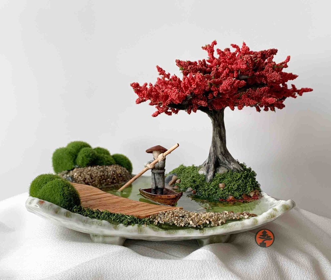 Artificial Cherry Blossom Bonsai With Boatman in a Koi Pond Etsy