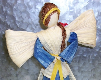 Serenity Angel, Corn Husk Angel Blue Angel Table top, Hanging. Treetopper