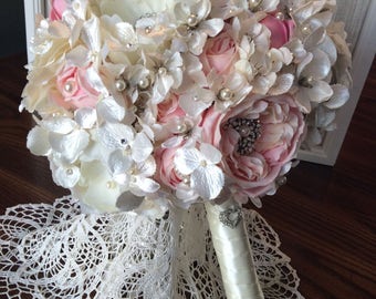 Large White Pink Bridal Bouquet, Silk Wedding Bouquet, Wedding Bouquet, Throw Away Bouquet, Faux Bouquet, MOH Bouquet, Broach Bouquet