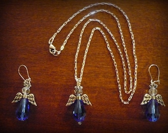 Blue and silver angel earrings and necklace set.