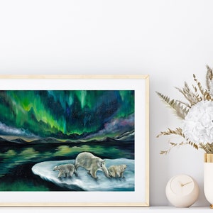 Polar Bear and babies with Northern lights/ polar bear art print/aurora painting by artist Ji Hyang Ryu