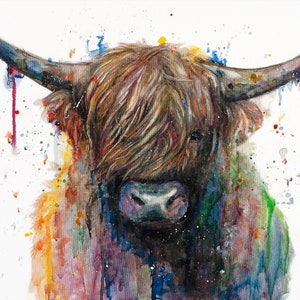 Shaggy cow Home Decor,  Colorful art, highland cow  painting,  Cow Art , Messy hairy cow, hairy bull