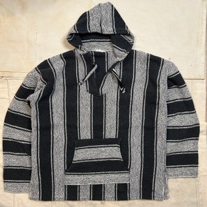 Vintage Mexican Baja Woven Hoodie Mens Size large Black and White