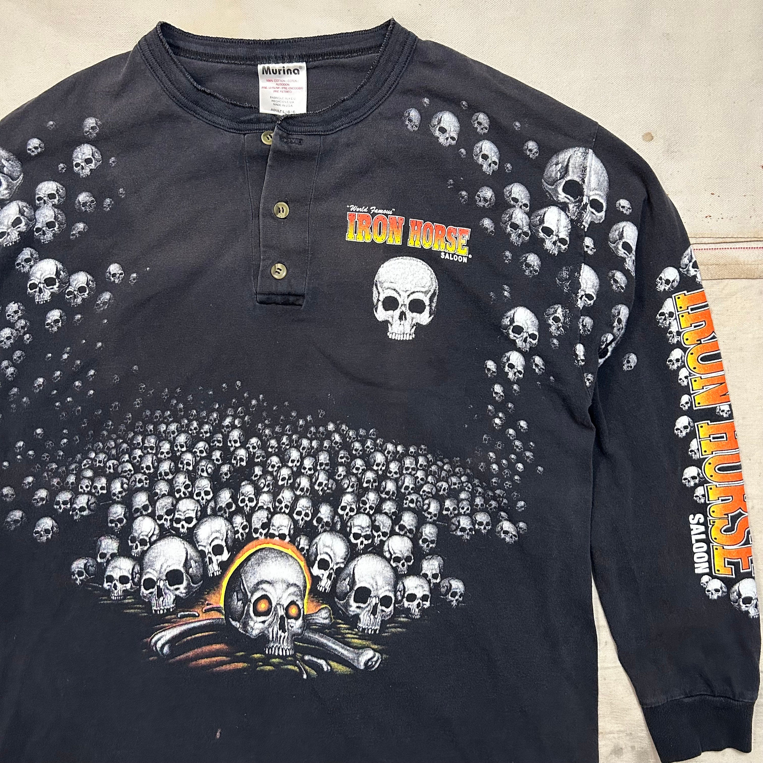 Vintage 1990s Iron Horse Saloon Skull Biker Tee Mens Size M/L Long