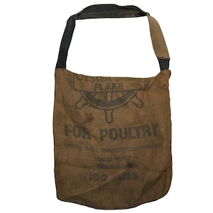 Antique Hand Made Farmers Shoulder Bag Feed Sack with Overall Denim Strap Primitive