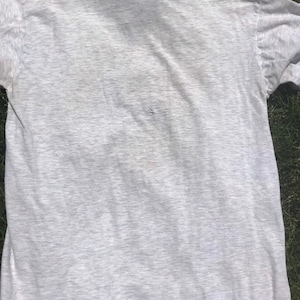 May include: A grey t-shirt with a small hole in the back.