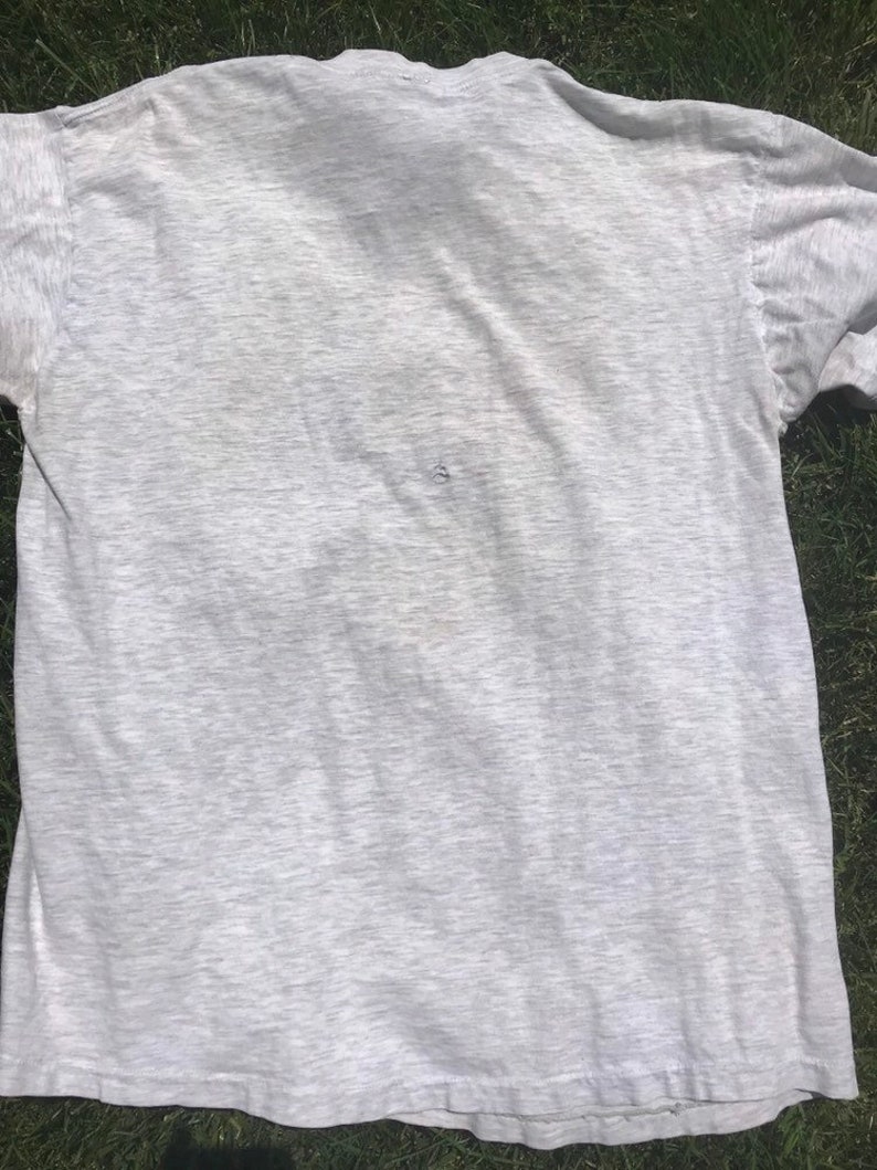 May include: A grey t-shirt with a small hole in the back.