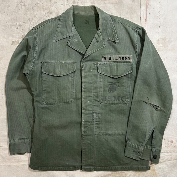 50s USMC P-53 HBT ユーティリティジャケット Vintage 1950s USMC HBT P-53 Utility Shirt Mens Size Small