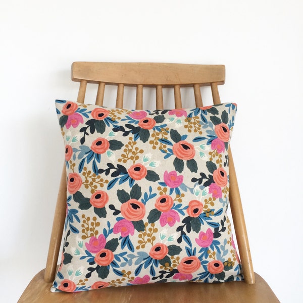 Handmade cushion, with a beautiful floral fabric by 'Rifle Paper Co'. Feather insert included.