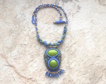 Green Beadwork Necklace - Periwinkle Beaded Necklace - Purple Beadwork Jewelry - Green Beadwork Jewelry - Lime Green Beaded Necklace