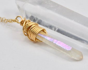 14K Gold Filled Angel Aura Quartz Necklace | Raw Wire Wrapped Aura Quartz Necklace | Dainty Minimalist Necklace | Raw Quartz Point  | GF