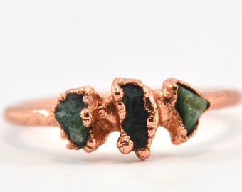 Copper Multi Stone Emerald Ring | Size 10| Raw Emerald Ring | Stacking Ring | Stackable Ring | Dainty Ring | Delicate Ring | Minimalist Ring