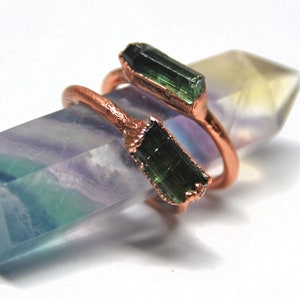 Raw Green Tourmaline Copper Ring: Electroformed Crystal Jewelry