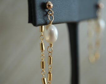 Gold Pearl Post Chain Hoops ||  14K Gold Filled Earrings || Dangling Pearl Earrings || Bridal Pearl + Bridesmaid Jewelry || Gift For Woman