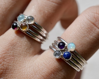 Sterling Silver Stacking Gemstone Rings || Birthstone Rings || Mother Stacking Rings || Opal, Citrine, Blue Topaz, Aquamarine || Minimalist