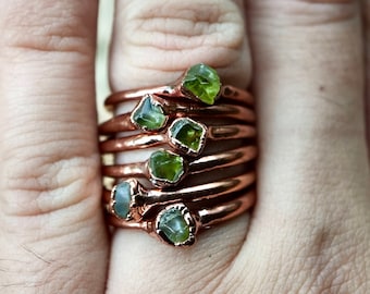 Raw Peridot Copper Ring: Electroformed August Birthstone Jewelry